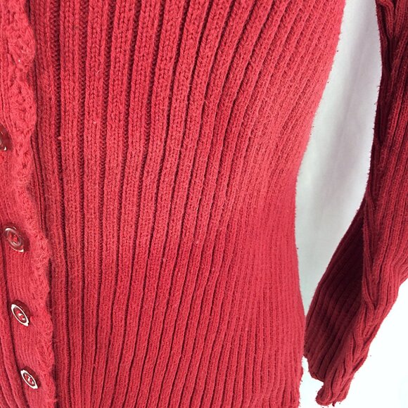 April Cornell Cardigan Sweater Womens Medium Red Ribbed Floral Crochet Button Up - Picture 8 of 9